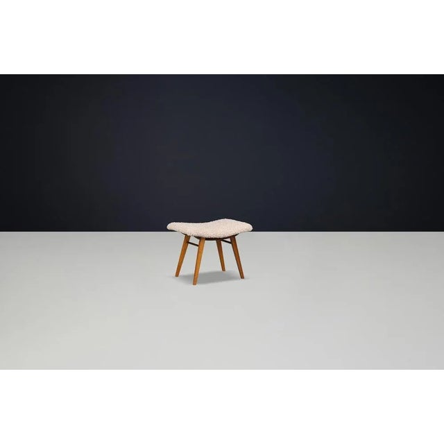 Mid-Century Modern Beechwood Stool & New Teddy Upholstery, Czechoslovakia, 1960s For Sale - Image 3 of 9