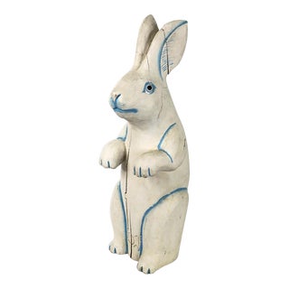 Vintage 1980s Folk Art Painted Wood Rabbit Sculpture For Sale