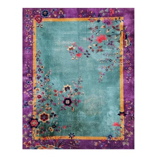 Vintage Art Deco Chinese Rug, Hand-Knotted Wool, Floral Motif, Turquoise & Purple, 9x12 For Sale
