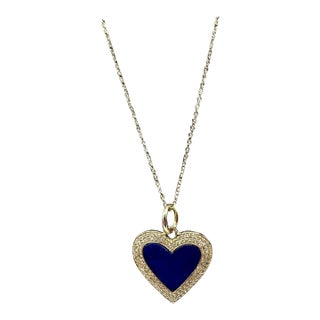 Diamond & Lapis Heart Pendant Necklace in 14kt Yellow Gold – 18in, New For Sale