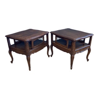French Provincial Wood Side Tables With Cabriole Legs and Mesh Side Panels, Set of 2 For Sale