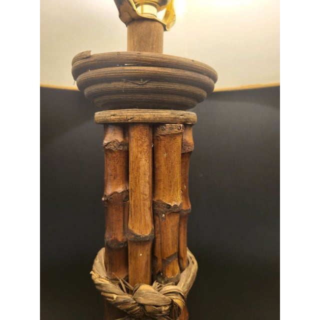 1970s Vintage Natural Bamboo Column Table Lamps With Burlap Shades - a Pair For Sale - Image 5 of 7