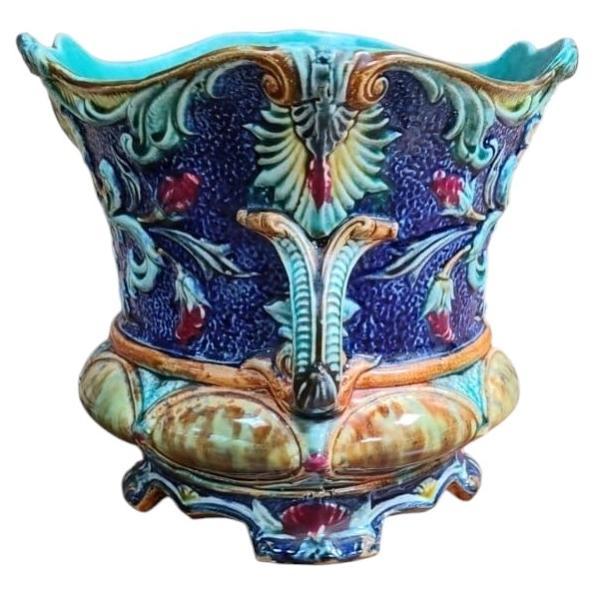 Rustic 19th Century Majolica Flowers Cache Pot Wasmuel For Sale - Image 3 of 4