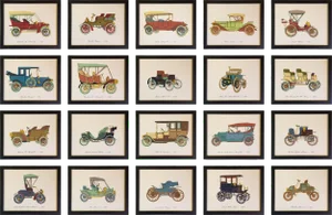 Vintage Mid-Century Prints of Vintage Cars, Framed - Set of 20