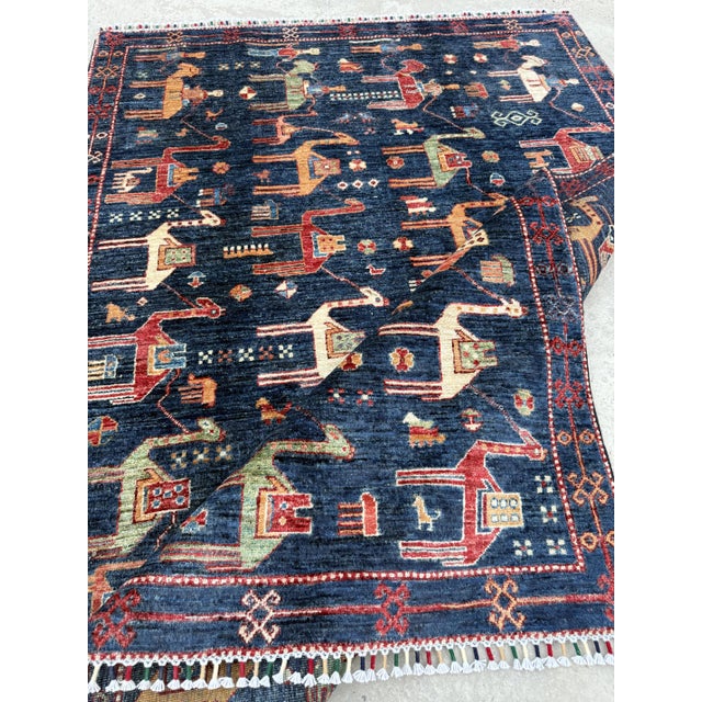 Navy Blue Navy Blue Hand Knotted Camel Caravan Pictorial Tribal Rug, 04'11 X 06'11 For Sale - Image 8 of 10