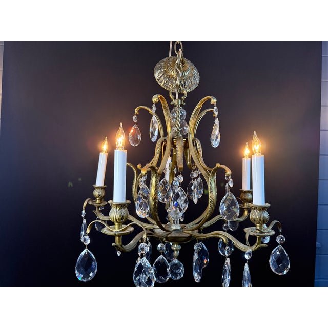 Antique French Brass & Crystal Birdcage Chandelier – 5 Light For Sale - Image 10 of 17