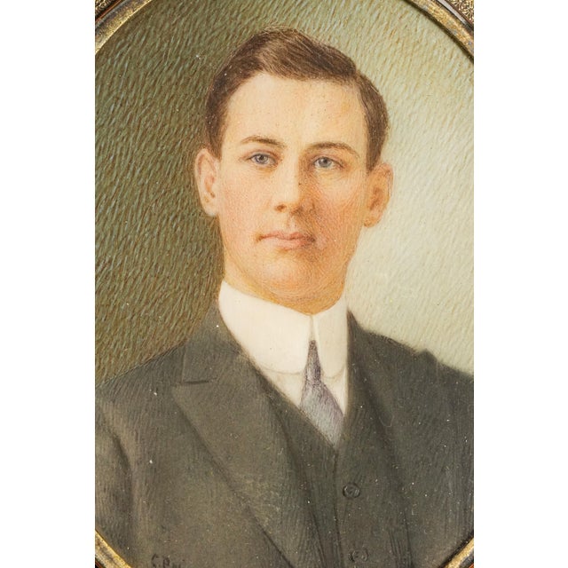 Traditional Early 20th Century Art Antique Portrait Miniature Painting Young Man Portrait in Ornate Brass Frame Home Decor For Sale - Image 3 of 16