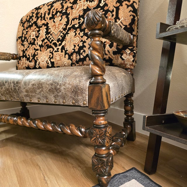 Wood Custom Louis XIII Revival Loveseat/Bench With Distressed Leather and Tapestry Upholstery For Sale - Image 7 of 12