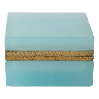Antique French Robin's Egg Blue Opaline Square Box With Fancy Mounts, 1900 For Sale