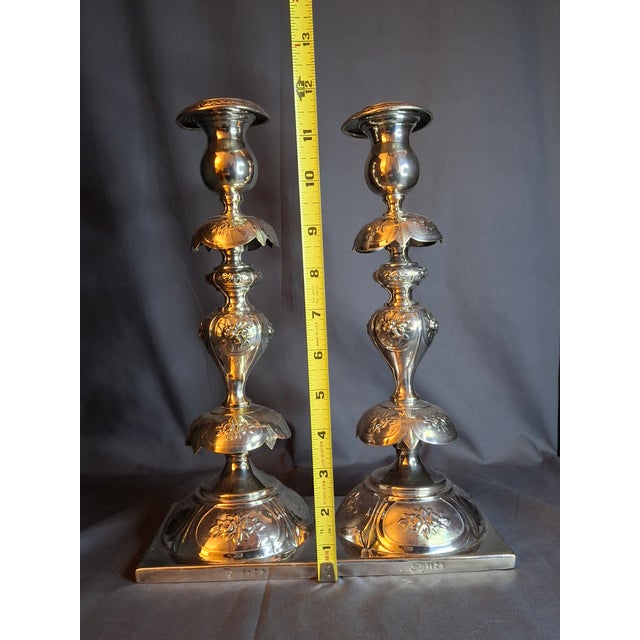 Antique Polish Judaica Silver Plated Shabbat Candlesticks Chaim Grun Warsaw 12" For Sale - Image 18 of 18