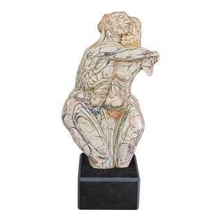 1980’s Figural Large Hand Carved Marble Embracing Couple Sculpture & Slate Tile Pedestal For Sale