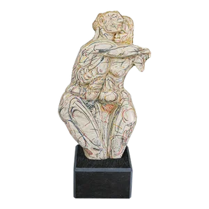 1980’s Figural Large Hand Carved Marble Embracing Couple Sculpture & Slate Tile Pedestal