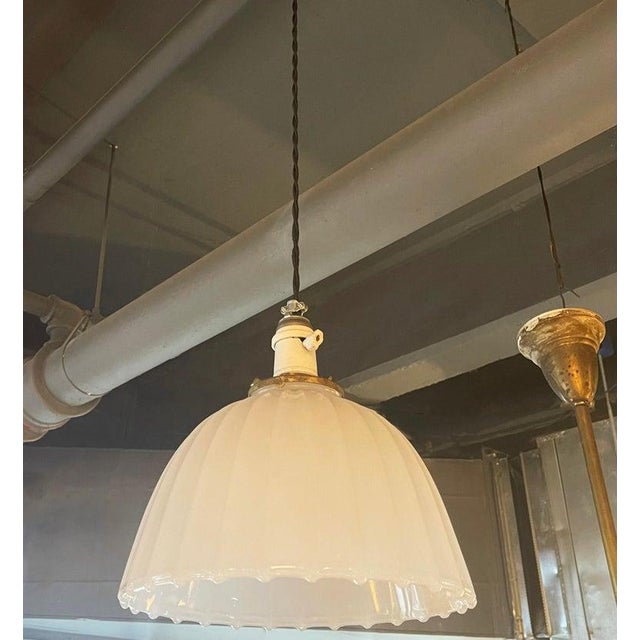 Antique Early 20th Century Scalloped Milk Glass Dome Pendant Light For Sale In New York - Image 6 of 7