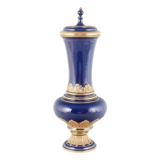Lidded Vase in Deep Cobalt Blue Glaze with Gilded Ornamentation from Meissen For Sale