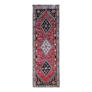 Vintage Persian Qashqai Gabbeh Runner Rug, Hand-Knotted Wool, Geometric Medallions Pattern, 2x7, Red & Navy For Sale