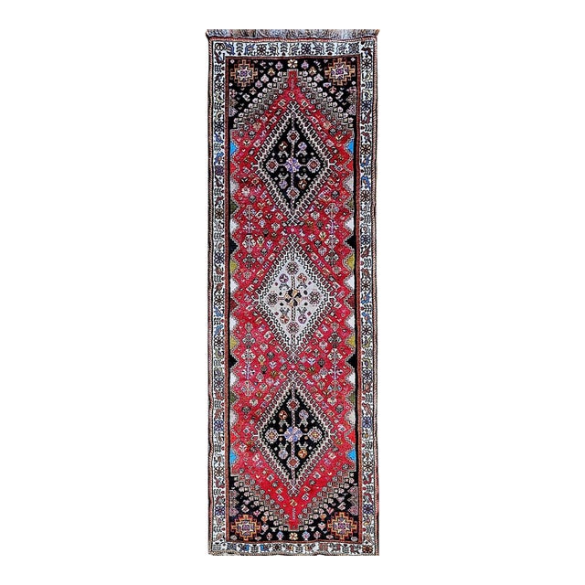 Vintage Persian Qashqai Gabbeh Runner Rug, Hand-Knotted Wool, Geometric Medallions Pattern, 2x7, Red & Navy For Sale