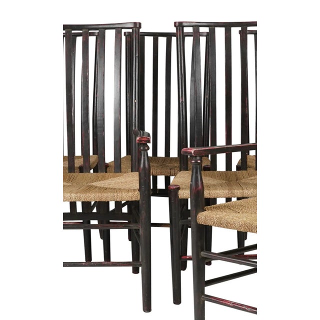 Farmhouse Set of 8 Elegant High Quality Wood Dining Chairs: Tall Back Dessin Fournir Slat Back Black Hand Rubbed Ebonized Wood With Rush Seats. Set of 8 For Sale - Image 3 of 12