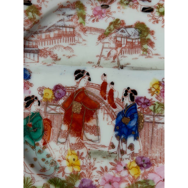 Vintage 7" Japanese Kutani Hand-Painted Porcelain Plate With Geishas & Lanterns For Sale - Image 9 of 12