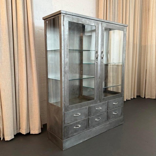 Metal 1940s Industrial Brushed Steel Double Wide Medical Apothecary Display Cabinet For Sale - Image 7 of 11