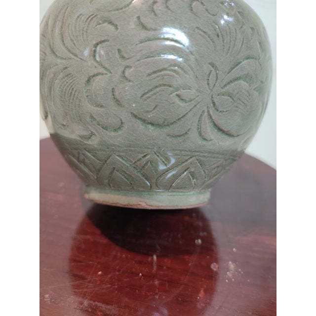 Chinese Ceramic Vase Yaozhou Ware Celadon Vase Hand Carved Flowers Pattern For Sale - Image 11 of 12