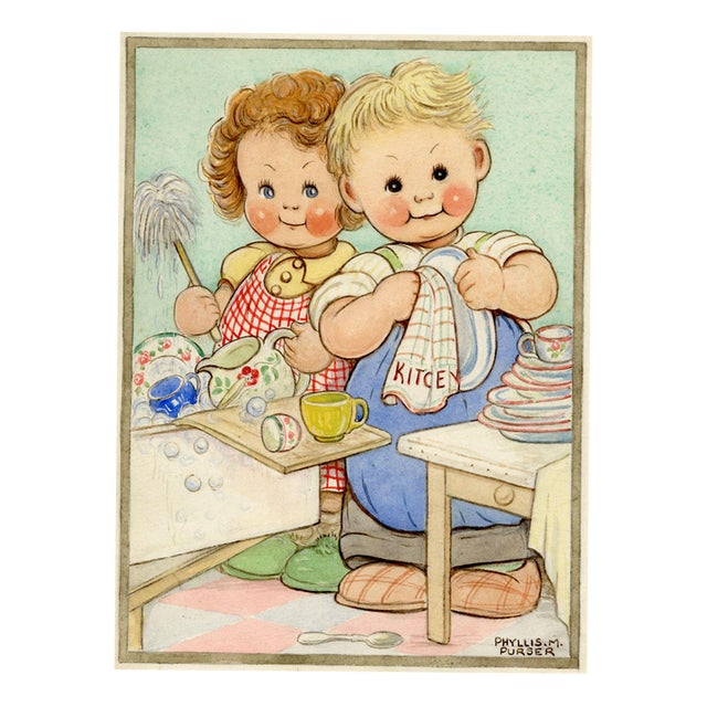 Phyllis M. Purser, Girl & Boy 'Perfect Husband' Washing Up, 1950, Watercolour For Sale