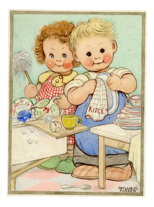 Phyllis M. Purser, Girl & Boy 'Perfect Husband' Washing Up, 1950, Watercolour