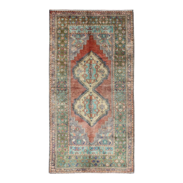 Mid 20th Century Green and Orange Turkish Oushak Rug Vintage Dual Diamond Medallions For Sale