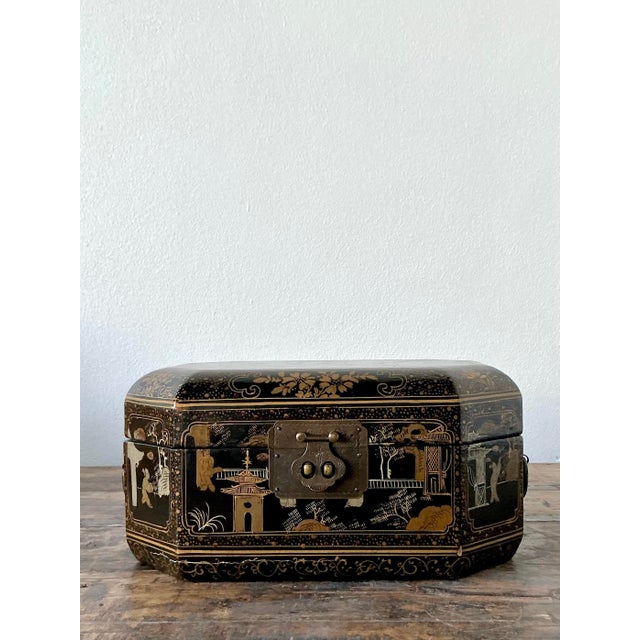 Vintage Asian Lacquered Chinoiserie Sewing Box For Sale - Image 9 of 12