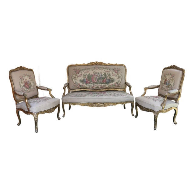 Antique Set of French Tapestry Gild Carved Gold Wood Arm Chairs Chairs & Sofa For Sale