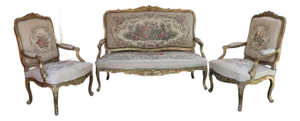 Antique Set of French Tapestry Gild Carved Gold Wood Arm Chairs Chairs & Sofa