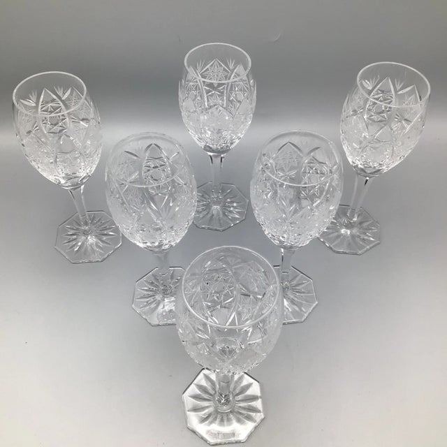 1920s Star Pattern Crystal Wine Glasses Antique Deep Cut -Set of 6 For Sale - Image 5 of 13