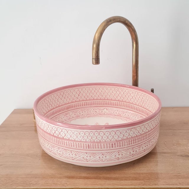 Pink Bathroom Vessel Sink: The hand-painted pattern on this sink is truly unique and eye-catching, adding a touch of...