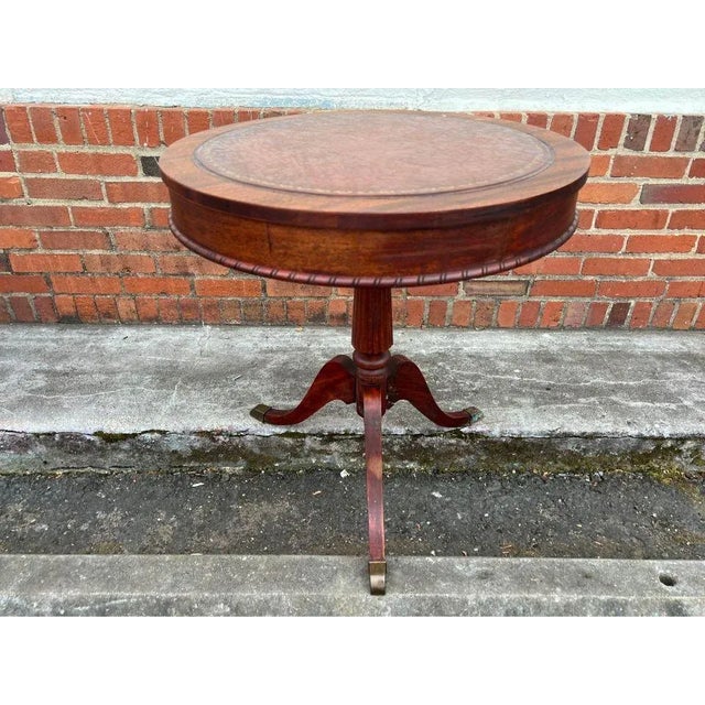 Mid 20th Century Vintage Duncan Phyfe Style Mahogany Pedestal Side Round Leather Top Drum Table For Sale In Washington DC - Image 6 of 7