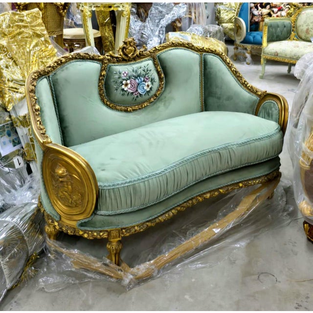 French French Louis XVI Grand Sofa With Green Velvet Upholstery, Hand-Gilded Gold Leaf Frame & Hand-Painted Floral Medallion For Sale - Image 3 of 3