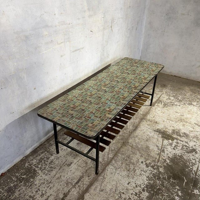 Ceramic Mid-Century Mosaic-Effect Formica Coffee Table with Slatted Shelf, 1960s For Sale - Image 7 of 9