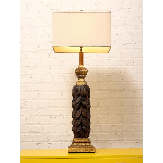 Vintage Hand-Carved Acanthus Wood Table Lamp With Linen Box Shade For Sale - Image 9 of 12
