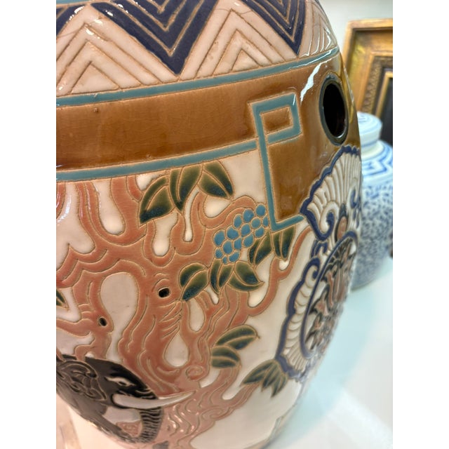 Late 20th Century Vintage Elephant Motif Ceramic Garden Stool Side Table Boho Chinoiserie Decor For Sale - Image 5 of 12
