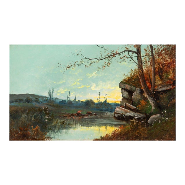French Barbizon Antique Oil Painting of Evening Landscape by Jean Bain For Sale