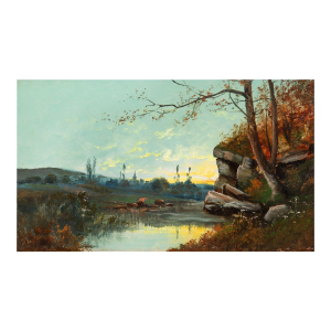 French Barbizon Antique Oil Painting of Evening Landscape by Jean Bain