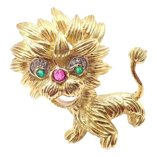 1960s Vintage Cartier Whimsical Dragon Lion Diamond Ruby Emerald Pin Brooch For Sale