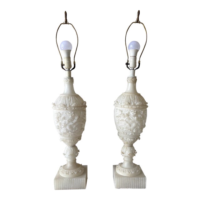 Vintage Carved Alabaster Table Lamps - a Pair For Sale