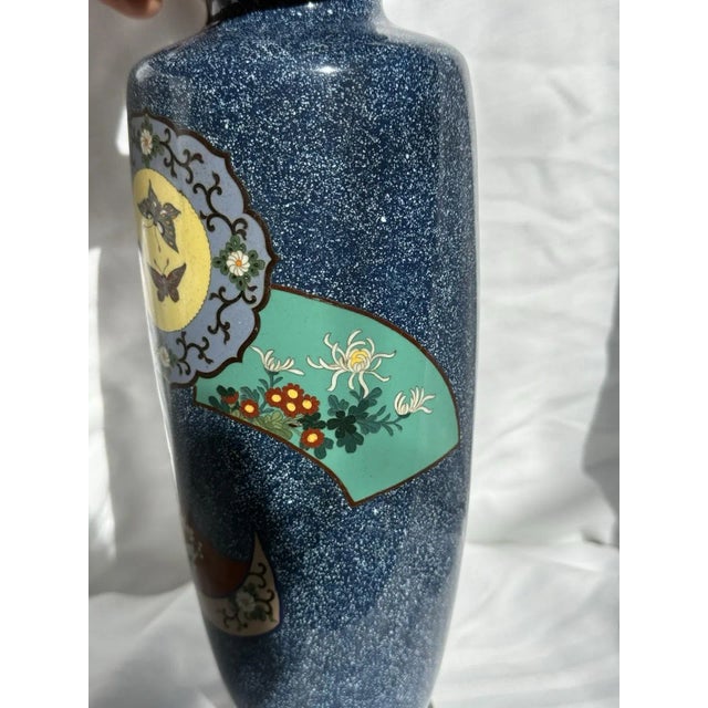 Early 20th Century 20th Century Japanese Cloisonne Enamel Vase Speckled Blue Ground Butterflies Floral Motifs For Sale - Image 5 of 15