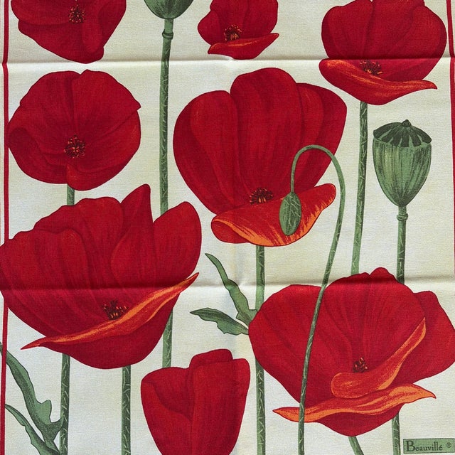 French Beauvillé "Coquelicots Rouge" Silk Screen Hand-Printed French Tea Towel For Sale - Image 3 of 7