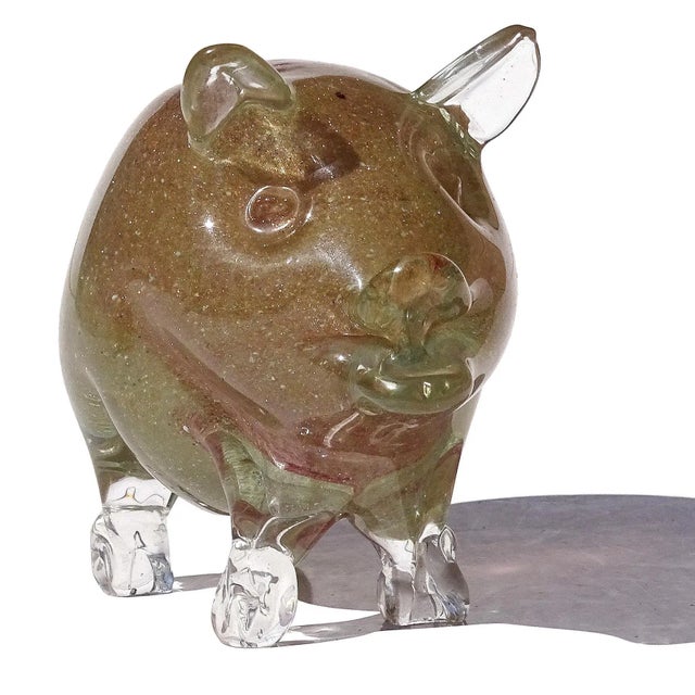 Very cute, vintage Murano hand blown Sommerso copper flecks and transparent pink Italian art glass pig figurine /...