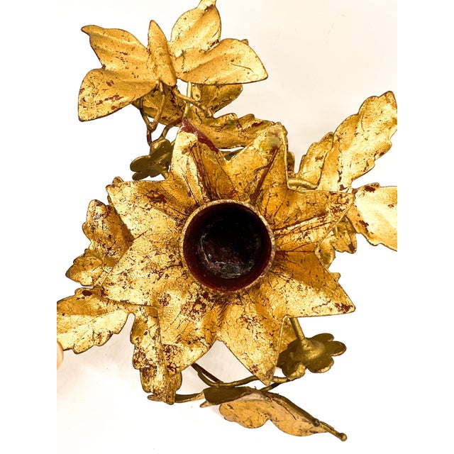 Vintage Italian Gold Gilt Tole Butterfly Candleholders, Pair, Hand-Formed Leaf & Vine Candlesticks - Hollywood Regency For Sale - Image 11 of 12
