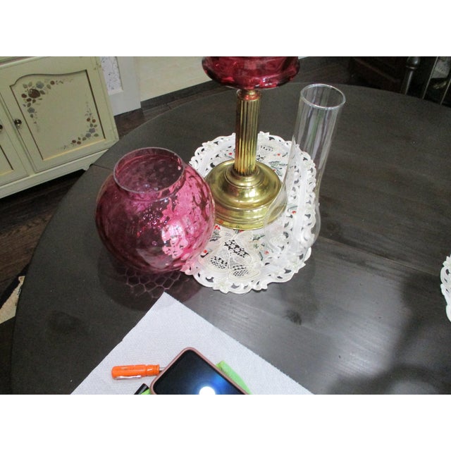 Brass Beautiful Antique Brass Column Tall Oil Lamp Cranberry Glass Shade & Font Double Burner 29" Tall For Sale - Image 8 of 13