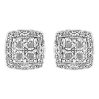 .925 Sterling Silver 1/4 cttw Round Cut Diamond Square Shape Milgrain Stud Earrings (I-J Color, I3 Clarity) For Sale