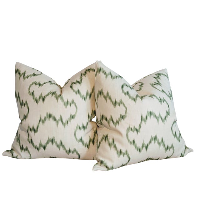Lee Jofa bold and modern Mallorcan Ikat pillows in leaf (green). Invisible zippers and professionally serged seams. PAIR...