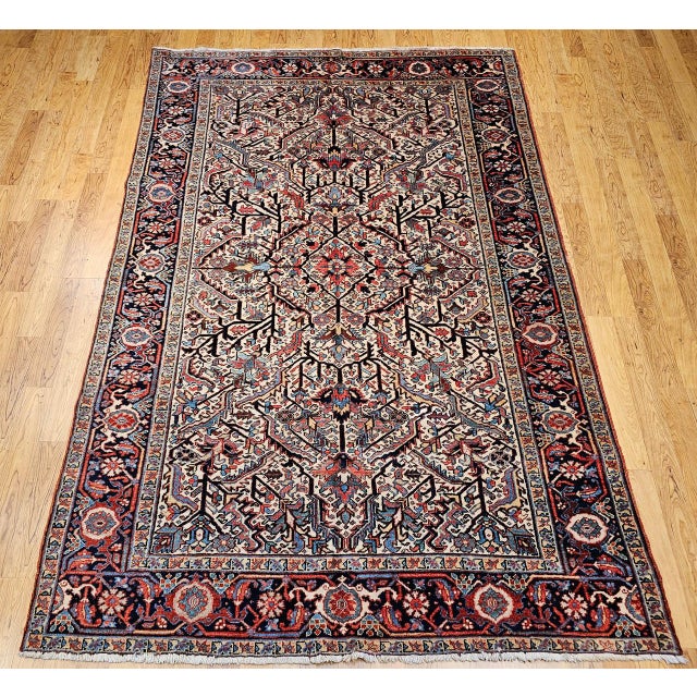 Vintage Persian Heriz Serapi Rug, Hand-Knotted Wool, Allover Geometric Pattern, Ivory & Red, 7x10 For Sale - Image 14 of 18