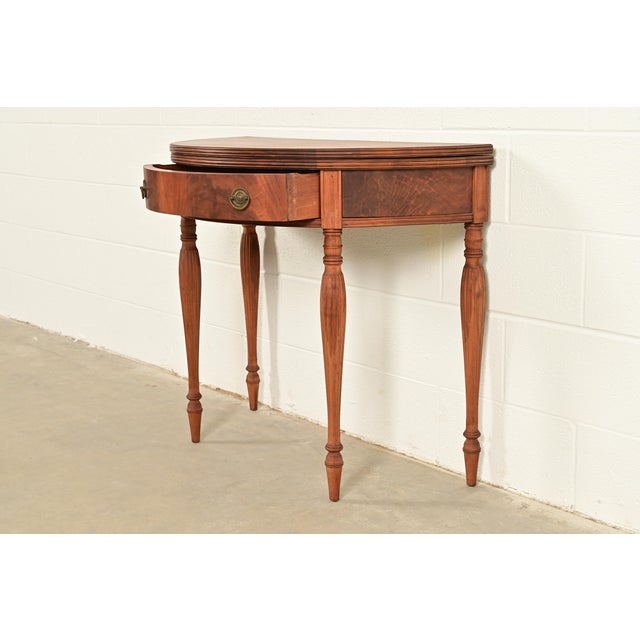 1920s Baker Furniture Style Antique Federal Flame Mahogany Flip Top Demilune Console Game Table, Circa 1920s For Sale - Image 5 of 14